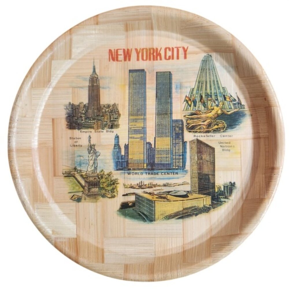Vintage Twin Towers New York City Souvenir Tray Woven Bamboo World Trade Center